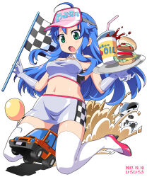 1girl ahoge artist_name balloon bare_shoulders blue_hair breasts burger car car_crash checkered_flag cheese city_connection clarice_(city_connection) cleavage clothes_writing cup dated detached_collar disposable_cup dropping dust flag food full_body giant giantess gloves green_eyes grey_gloves grey_skirt grey_tube_top guest_art hands_up hat_writing high_heels highres hiro_hiroki honda honda_city kneehighs lettuce long_hair long_sidelocks looking_down meat medium_breasts midriff miniskirt motor_vehicle navel open_mouth overturned_car pencil_skirt pickle pink_shoes plate police_car race_queen shoes sidelocks simple_background skin_tight skirt socks solo strapless thighhighs tomato tomato_slice tube_top visor_cap white_background white_thighhighs zettai_ryouiki
