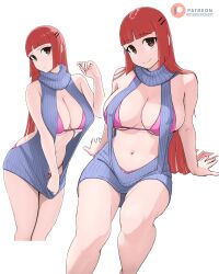 Rule 34 | 1girl, absurdres, aki-chan (dismaiden), artist name, backless outfit, bare shoulders, bikini, blunt bangs, breasts, brown eyes, cleavage, cleavage cutout, clothes pull, clothing cutout, dismaiden, hair ornament, hairclip, highres, large breasts, long hair, looking at viewer, meme attire, midriff, multiple views, navel, navel cutout, original, patreon logo, patreon username, pink bikini, red hair, ribbed sweater, simple background, sitting, skindentation, sleeveless, sleeveless turtleneck, string bikini, sweater, swimsuit, turtleneck, virgin killer sweater, white background