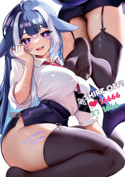 1girl :d ahoge animal_ears ass black_garter_straps black_skirt black_thighhighs blue_hair breasts collared_shirt commentary english_commentary facial_mark garter_straps hand_up heart heart-shaped_pupils heart_ahoge highres id_card indie_virtual_youtuber large_breasts like_and_retweet long_hair looking_at_viewer multiple_views no_shoes open_mouth pencil_skirt purple_eyes shirt shylily skirt smile squchan symbol-shaped_pupils tail teeth thighhighs twitter_strip_game very_long_hair virtual_youtuber white_shirt