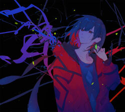 Rule 34 | 1girl, abstract background, black background, blue eyes, blue hair, closed mouth, colored inner hair, commentary request, earrings, hand up, highres, hood, hood down, hooded jacket, jacket, jewelry, kamitsubaki studio, long sleeves, looking to the side, multicolored eyes, multicolored hair, red eyes, red hair, red jacket, rim (kamitsubaki studio), rknrk, shirt, short hair, solo, upper body, virtual youtuber, yellow pupils