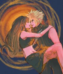 Rule 34 | 1boy, 1girl, artist name, bare arms, bare legs, bare shoulders, black hair, black pants, black skirt, black sports bra, black sweater, blonde hair, blue eyes, breasts, carrying, cloud strife, commentary, couple, crop top, eye contact, feet out of frame, final fantasy, final fantasy vii, final fantasy vii rebirth, final fantasy vii remake, hand on another&#039;s shoulder, hand on another&#039;s thigh, hand on another&#039;s waist, highres, leaning forward, light blush, lips, long hair, looking at another, medium breasts, midriff, navel, pants, parted lips, princess carry, profile, red eyes, ribbed sweater, short hair, signature, skirt, sleeveless, sleeveless turtleneck, spiked hair, sports bra, sweater, symbol-only commentary, tifa lockhart, turtleneck, turtleneck sweater, xainaa