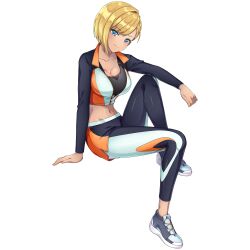 1girl black_tank_top blonde_hair blue_eyes blush breasts cleavage closed_mouth crop_top cropped_jacket dark-skinned_female dark_skin dolphin_wave game_cg gyaru hair_intakes highres large_breasts leggings looking_at_viewer murahaya_mashio navel non-web_source official_alternate_costume official_art onee_gyaru ootomo_takuji shoes short_hair shorts sitting smile sneakers solo swept_bangs tank_top transparent_background