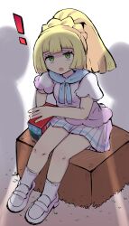 ! 1girl :o blonde_hair blunt_bangs box commentary_request eyelashes full_body green_eyes highres kutabireta_neko lillie_(pokemon) long_hair looking_up nintendo nintendo_switch_2 open_mouth pleated_skirt pokemon pokemon_sm ponytail shirt shoes short_sleeves sitting skirt socks solo sweatdrop white_shirt white_shoes white_skirt white_socks