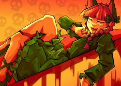 1girl animal_ears blunt_bangs bow braid cat_ears cat_girl commentary crossed_legs dress fangs green_bow green_dress hair_bow juliet_sleeves kaenbyou_rin long_sleeves looking_at_viewer lying medium_hair on_back open_mouth orange_background puffy_sleeves red_eyes red_hair side_braids skull_print smile solo termoika touhou twin_braids