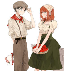 2girls apple arms_behind_back beret black_hair flower food fruit hand_on_headwear hat highres holding holding_flower holding_food holding_fruit kakmxxxny06 kono_koi_wo_hoshi_ni_wa_negawanai kousaka_fuyuki light_smile multiple_girls pants red_hair second-party_source shirai_eri shirt simple_background skirt