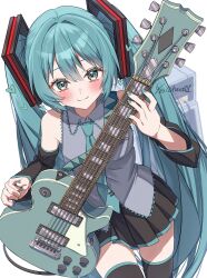 1girl absurdres bare_shoulders black_skirt black_sleeves black_thighhighs blue_eyes blue_hair blue_nails blue_necktie blush closed_mouth collared_shirt commentary_request cowboy_shot detached_sleeves electric_guitar grey_shirt guitar hasei_(hasei01) hatsune_miku heart highres holding holding_guitar holding_instrument instrument long_hair looking_at_viewer nail_polish necktie pleated_skirt shirt signature simple_background skirt sleeveless sleeveless_shirt smile solo thighhighs tie_clip twitter_username very_long_hair vocaloid white_background