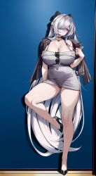 1girl absurdres black_jacket black_panties blue_background breasts cinderella_(beautiful_me)_(nikke) cinderella_(nikke) commentary dongtan_dress dress eyewear_hang goddess_of_victory:_nikke hair_over_one_eye high_heels highres jacket jacket_on_shoulders large_breasts long_hair lrrer meme_attire official_alternate_costume panties red_eyes see-through_clothes see-through_dress solo standing standing_on_one_leg underwear unworn_eyewear very_long_hair white_hair