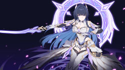 1girl absurdres blue_hair boots breasts chinese_commentary cleavage colored_inner_hair commentary_request corset elbow_gloves falling_petals gloves halo highres holding holding_sword holding_weapon honkai_(series) honkai_impact_3rd horns large_breasts long_hair mechanical_horns multicolored_hair petals purple_background purple_eyes purple_hair raiden_mei raiden_mei_(herrscher_of_origin) short_shorts shorts simple_background solo sword thigh_boots thighs via_shinan weapon white_boots white_corset white_gloves white_shorts