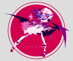 Rule 34 | 1girl, amakusa, amakusa (hidorozoa), amks krg, arm behind head, arms up, bad id, bad twitter id, bat wings, bow, character name, circle, dress, female focus, frilled cuffs, frilled dress, frills, grey background, hat, hat bow, mob cap, purple hair, red bow, red eyes, red ribbon, red shoes, remilia scarlet, ribbon, shoes, short hair, short sleeves, simple background, socks, solo, touhou, white socks, wings, wrist cuffs, zun hat