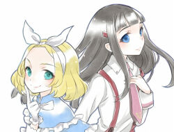 2girls black_hair blonde_hair blue_eyes classicaloid closed_mouth gloves hair_ornament hairclip index_finger_raised long_hair looking_at_viewer midori_(m_ryokutya) multiple_girls necktie pink_necktie pyotr_illyich_tchaikovsky_(classicaloid) suspenders tekla_badarzewska-baranowska_(classicaloid) white_background white_gloves