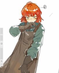 1girl apron aqua_jacket brown_apron brown_gloves collared_jacket cowboy_shot freckles gloves green_eyes highres ishmael_(project_moon) ishmael_(the_pequod)_(project_moon) jacket jingshenhuanghu limbus_company looking_at_viewer orange_hair project_moon short_hair simple_background solo squiggle white_background