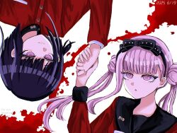 Rule 34 | 1boy, 1girl, 2025, black bow, black hairband, black headband, bow, brother and sister, closed mouth, dated, eyelashes, fingernails, hair bow, hairband, headband, holding hands, long hair, long sleeves, matching hair/eyes, open mouth, pink eyes, pink hair, purple hair, red background, red shirt, shirt, siblings, simple background, smile, the hundred line -last defense academy-, tsukumo ima, tsukumo kako, twins, twintails, upside-down, white background
