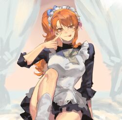 1girl :p akanbe apron banknote black_dress blue_ribbon breasts brown_eyes closed_mouth dress eyelid_pull feet_out_of_frame finger_to_eye frilled_apron frilled_hairband frills hair_ribbon hairband hashtag-only_commentary high_ponytail highres knee_up long_hair looking_at_viewer lucis0407 maid maid_apron maid_headdress medium_breasts money nami_(one_piece) official_alternate_costume official_alternate_hairstyle one_piece orange_hair ponytail ribbon single_sidelock sitting socks solo straight-on tongue tongue_out turtleneck turtleneck_dress white_apron white_hairband white_socks