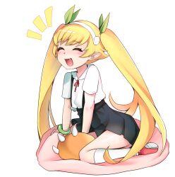 1girl absurdres black_skirt child closed_eyes cosplay dot_nose eyebrows_hidden_by_hair fang female_focus from_side full_body green_ribbon hachikuji_mayoi hachikuji_mayoi_(cosplay) hair_ribbon hairband happy high-waist_skirt highres leaning_forward long_hair meemz_a monogatari_(series) open_mouth oshino_shinobu pink_shoes pointy_ears ribbon shirt shoes short_sleeves simple_background sitting skirt smile solo twintails vampire very_long_hair wariza white_background white_hairband white_shirt