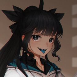 1girl artemis_of_the_blue black_bow black_eyes black_hair black_shirt blue_tongue blurry blurry_background bow brown_background collarbone collared_shirt colored_tongue commentary english_commentary hair_bow hood hoodie indie_virtual_youtuber long_hair looking_at_viewer numanoan portrait sharp_teeth shirt sidelocks solo teeth tongue tongue_out upper_teeth_only white_hoodie