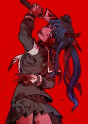 1girl amemiya_darumi arm_behind_back arm_up armband artist_name black_shirt black_skirt blood blood_on_clothes blood_on_face blood_on_hands blood_splatter bloody_weapon blue_hair commentary cowboy_shot from_behind gloves head_tilt holding holding_knife holding_weapon knife konoha_kairi last_defense_academy_school_uniform long_hair long_sleeves looking_at_viewer looking_back neckerchief pink_eyes pleated_skirt red_background red_theme school_uniform serafuku shirt simple_background skirt smile solo symbol-only_commentary the_hundred_line_-last_defense_academy- tongue tongue_out twintails twitter_username v weapon white_armband white_gloves white_neckerchief