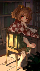 1girl absurdres barefoot bell book bookshelf brown_hair chair checkered_clothes checkered_kimono desk feet green_skirt grin hair_bell hair_ornament highres japanese_clothes kimono kourou_(kouroukun) looking_at_viewer looking_back motoori_kosuzu no_apron pen red_eyes red_shirt shirt short_twintails sitting skirt smile soles solo touhou twintails white_shirt