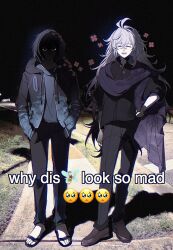 2boys angry antenna_hair black_hair black_pants closed_eyes commentary dullnoko emoji english_text facing_viewer fate/grand_order fate_(series) full_body furious glaring glowing glowing_eyes hand_on_own_hip hands_in_pockets happy_aura highres hood hooded_jacket jacket long_hair male_focus meme merlin_(camelot_&amp;_co)_(fate) merlin_(fate) multiple_boys oberon_(fate) oberon_(moody_summer_oberon)_(fate) oberon_(third_ascension)_(fate) official_alternate_costume open_clothes open_jacket open_mouth pants photo-referenced sandals shaded_face smile standing white_hair why_dis_ninja_look_so_mad_(meme)