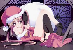 1girl absurdres bare_shoulders black_panties black_thighhighs blonde_hair brown_eyes cameltoe christmas female_focus hat highres hiiragi_nazuna huge_filesize long_hair panties ribbon santa_costume santa_hat skirt smile solo thighhighs tsukinon tsukisome_no_kasa twintails underwear undressing