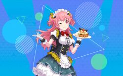 Rule 34 | 1girl, ;), blue background, blush, bow, bowtie, breasts, center frills, circle, closed mouth, collar, colorful palette, detached collar, dress, food, frills, game cg, ganbaru anata ni break time! (project sekai), gloves, highres, holding, holding plate, maid headdress, momoi airi, official art, one eye closed, pink eyes, pink hair, plate, project sekai, red bow, red bowtie, smile, solo, third-party source, triangle, two side up, white collar, white gloves