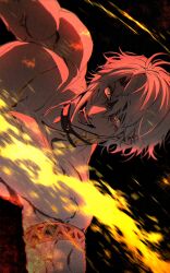 1boy absurdres armlet black_background black_choker blonde_hair choker commentary crazy_eyes crazy_smile fire highres honkai:_star_rail honkai_(series) jewelry male_focus muscular muscular_male phainon_(honkai:_star_rail) sideways simple_background smile solo symbol-only_commentary topless_male utimkg veins yellow_eyes