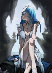 1girl absurdres armlet blue_hair blue_veil blurry blurry_background breasts closed_mouth commentary covered_collarbone crossed_legs day dress hand_up highres jewelry long_hair looking_to_the_side medium_breasts outdoors purple_eyes shorekeeper_(wuthering_waves) sitting sleeveless sleeveless_dress solo stormzzy two-tone_veil veil white_veil wuthering_waves