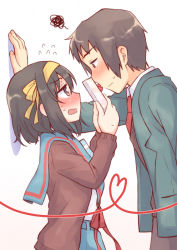 1boy 1girl blazer blue_sailor_collar blue_skirt blush box brown_cardigan brown_eyes brown_hair brown_pants brown_vest cardigan eye_contact face-to-face from_side gift gift_box green_jacket hair_ribbon hairband heart heart_of_string hetero holding holding_gift jacket kita_high_school_uniform kyon long_sleeves looking_at_another necktie open_cardigan open_clothes open_mouth pants red_necktie red_ribbon ribbon sailor_collar school_uniform serafuku short_hair simple_background skirt squiggle suzumiya_haruhi suzumiya_haruhi_no_yuuutsu sweatdrop sweater_vest taiki_(6240taiki) vest white_background yellow_hairband yellow_ribbon