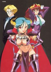 00s 1990s_(style) 1boy 2girls blonde_hair blue_eyes blush breasts brown_background cape carrera cleavage curled_horns demon_girl glint green_hair highres horns kimura_takahiro large_breasts leaning_forward mercedes_(viper) multiple_girls necktie nipples nose_blush official_art open_mouth red_eyes red_hair retro_artstyle round_eyewear shiny_clothes skull sogna source_request tail viper_(series) viper_gts