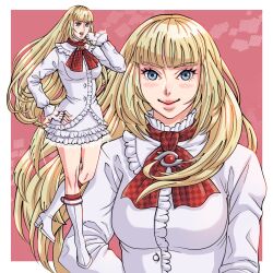 Rule 34 | 1girl, blonde hair, blue eyes, blush, boots, breasts, chaiko1000, emilie de rochefort, fingerless gloves, gloves, highres, large breasts, lips, long hair, long sleeves, looking at viewer, skirt, tekken