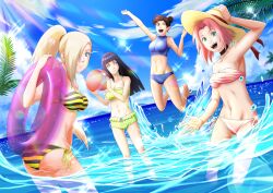 4girls bikini black_bikini blonde_hair blush breasts brown_hair haruno_sakura hyuuga_hinata medium_breasts multiple_girls naruto_(series) official_art one_eye_closed pink_bikini pink_hair small_breasts smile striped_bikini striped_clothes swimsuit tenten_(naruto) wink yamanaka_ino