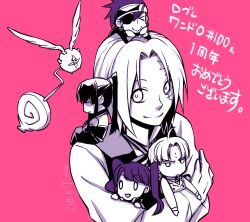 &gt;:( &gt;_&lt; 1girl 1other 4boys :o ahoge allen_walker black_coat black_hair black_order_uniform chibi closed_eyes coat collared_coat collared_shirt creature cross crossed_arms d.gray-man earrings eyepatch facial_mark facing_away facing_viewer frown gloves golem_(d.gray-man) hair_between_eyes hand_on_another&#039;s_arm hand_on_own_chin headband high_ponytail holding holding_mini_person hoop_earrings horns howard_link jewelry kanda_yuu lavi lenalee_lee long_hair looking_ahead looking_at_viewer looking_to_the_side mikuge mini_person mini_person_on_head mini_person_on_shoulder mole mole_on_forehead monochrome multiple_boys one_eye_covered open_mouth pink_background ponytail purple_theme ribbon scar scar_across_eye scar_on_face shirt short_hair sidelocks simple_background sitting smile star_(symbol) star_facial_mark striped_coat tail timcanpy twintails two-tone_headband v-shaped_eyebrows vertical-striped_coat vest white_stripes wings