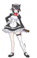 1girl animal_ears black_dress black_eyes black_hair breasts cat_ears cellphone digimon digimon_story:_time_stranger dress flip_phone full_body highres holding holding_phone kakudrawmon large_breasts maid maid_headdress phone short_hair simple_background single_thighhigh solo thighhighs white_background white_thighhighs yuuki_kanan