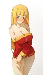 Rule 34 | 1girl, @ @, absurdres, bare legs, bare shoulders, blonde hair, blue eyes, breasts, choppy bangs, cleavage, clothes pull, collarbone, cosplay, darkness (konosuba), deko morii, dress, feet out of frame, highres, kono subarashii sekai ni shukufuku wo!, large breasts, light smile, long hair, looking down, megumin, megumin (cosplay), out of frame, red dress, shaking, shy, simple background, solo, standing, sweat, thick thighs, thighs, trembling, white background