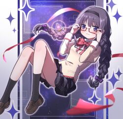 1girl akemi_homura black_hair black_thighhighs blush bow braid closed_mouth glasses hair_between_eyes hair_bow highres long_hair mahou_shoujo_madoka_magica mahou_shoujo_madoka_magica_(anime) mimoza94581050 purple_eyes red-framed_eyewear school_uniform shoes skirt solo thighhighs twin_braids twintails