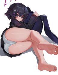 1girl ass bags_under_eyes bare_legs barefoot black_hair blue_archive blush commentary cushion dokomon feet halo haruka_(blue_archive) highres holding_cushion korean_commentary looking_at_viewer lying on_side panties purple_eyes soles solo toes underwear white_panties