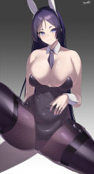 1girl absurdres animal_ears bare_shoulders black_leotard breasts cleavage collarbone covered_navel detached_collar fake_animal_ears fate/grand_order fate_(series) fishnet_pantyhose fishnets highleg highleg_leotard highres kurozawa_yui large_breasts leotard long_hair looking_at_viewer minamoto_no_raikou_(fate) nail_polish pantyhose parted_bangs playboy_bunny purple_eyes purple_hair rabbit_ears smile solo thighs very_long_hair wrist_cuffs