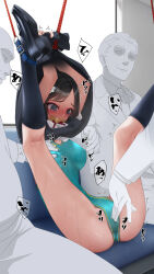 1girl 3boys aqua_one-piece_swimsuit black_eyes black_hair black_shoes black_socks breasts cameltoe commentary_request fingering fingering_through_clothes gag highres improvised_gag kneehighs large_breasts legs_up multiple_boys murakami_suigun nipple_rub nipple_rub_through_clothes nipple_stimulation one-piece_swimsuit original paid_reward_available restrained shoes short_hair sitting skirt_tied_over_head socks swimsuit tape tape_gag through_clothes train_interior variant_set x-ray