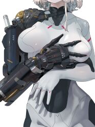1girl absurdres bodysuit breasts commentary grabbing_own_breast grey_hair highres mechanical_arms original prosthesis prosthetic_arm short_hair_with_long_locks simple_background single_mechanical_arm solo two-tone_bodysuit white_background white_bodysuit yunimaru