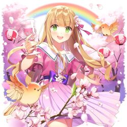 1girl belt_ribbon bird blonde_hair blunt_bangs cherry_blossoms dress green_eyes holding_grass lantern lina_princella long_hair paper_lantern petals pink_dress purple_ribbon ribbon salt_(salty) uchi_no_hime-sama_ga_ichiban_kawaii very_long_hair