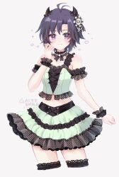 1girl antenna_hair arm_garter black_hair closed_mouth cowboy_shot crop_top demon_horns fake_horns frilled_skirt frilled_straps frilled_wrist_cuffs frills green_skirt hand_up heart heart-shaped_pupils highres horns idolmaster idolmaster_(classic) idolmaster_million_live! idolmaster_million_live!_theater_days kikuchi_makoto looking_at_viewer midriff navel purple_eyes secret_lip_(idolmaster) shirako_(srk_srtk) short_hair simple_background skirt sleeveless smile solo standing symbol-shaped_pupils watermark white_background wrist_cuffs
