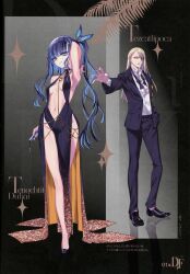 Rule 34 | 1boy, 1girl, absurdres, bare shoulders, bb (fate), bb dubai (fate), bb dubai (fate) (cosplay), black dress, black hair, blonde hair, blue hair, bracelet, breasts, center opening, choco (chocolate shop), cleavage, colored inner hair, cosplay, dress, fate/grand order, fate (series), formal clothes, full body, grey eyes, high heels, highres, jewelry, long hair, looking at viewer, multicolored hair, necklace, nude, pelvic curtain, scan, side slit, sidelocks, small breasts, smile, suit, tenochtitlan (fate), tezcatlipoca (fate)