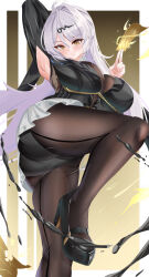 1girl alternate_costume artist_request ass bare_shoulders blush breasts cameltoe dress from_below green_eyes high_heels large_breasts leg_up long_hair looking_at_viewer looking_down panties panties_under_pantyhose pantyhose short_dress sideboob skirt smile solo thick_thighs thighs underwear very_long_hair white_hair yi_xuan_(trails_of_ink)_(zenless_zone_zero) yixuan_(zenless_zone_zero) zenless_zone_zero