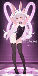 Rule 34 | 1girl, absurdres, ahoge, animal ear fluff, animal ears, armpits, arms up, black bow, black bowtie, black leotard, black ribbon, black shoes, black thighhighs, bow, bowtie, breasts, checkered floor, closed mouth, collar, covered navel, detached collar, full body, hair intakes, hair ornament, hair ribbon, high heels, highres, huangse zhijin, indoors, leotard, licking lips, long hair, looking at viewer, orange eyes, original, playboy bunny, rabbit ears, rabbit girl, rabbit hair ornament, rabbit pose, rabbit tail, ribbon, sample watermark, shadow, shoes, sidelocks, small breasts, smile, solo, tail, thighhighs, tongue, tongue out, two side up, very long hair, watermark, white collar, white hair, white wrist cuffs, wrist cuffs