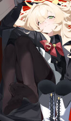 1girl absurdres black_gloves black_serafuku blonde_hair blue_archive boots brown_pantyhose closed_mouth commentary_request eyes_visible_through_hair gloves green_eyes halo highres long_hair long_sleeves pantyhose professor_niyaniya_(blue_archive) school_uniform serafuku sitting smile solo unworn_boots wako_(1194433260) white_boots yellow_halo