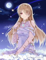 Rule 34 | 1girl, blonde hair, covered navel, crown, dress, hair ornament, hair over one eye, hairclip, heaven burns red, iori1170, kayamori ruka, long hair, night, night sky, official alternate hair length, official alternate hairstyle, red eyes, sitting, sky, solo, white dress