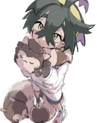 1boy absurdres amenonoco black_hair blush closed_eyes crossed_bangs from_above furret gen_2_pokemon gloves hair_between_eyes hairband highres jacket kieran_(pokemon) long_sleeves looking_at_viewer male_focus nintendo pokemon pokemon_(creature) pokemon_sv purple_hair scarf shoes shorts simple_background smile socks standing white_background white_footwear yellow_eyes yellow_hairband