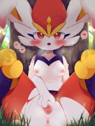 1girl absurdres ajiwo anus blush breasts cinderace female_focus furry furry_female gen_8_pokemon grass heart highres medium_breasts navel nintendo nipples open_mouth outdoors pokemon pokemon_(creature) pussy pussy_juice rabbit_ears rabbit_girl red_eyes solo spread_legs spread_pussy sweat torn_clothes tree uncensored white_fur