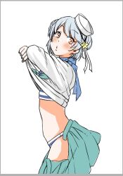 1girl bikini bikini_under_clothes blue_hair blue_neckerchief blue_sailor_collar blue_skirt brown_eyes dixie_cup_hat double_bun dress hair_bun hair_ribbon hat kantai_collection military_hat neckerchief pleated_dress ribbon sailor_collar samuel_b._roberts_(kancolle) samuel_b._roberts_(swimsuit)_(kancolle) school_uniform serafuku shirt short_hair simple_background skirt solo striped_bikini striped_clothes swimsuit tamaki. undressing white_background white_hat white_shirt