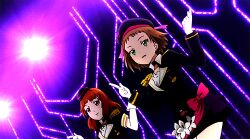 10s 3girls a-rise animated animated_gif anime_screenshot beret blue_eyes brown_hair dancing elbow_gloves female_focus flower gloves green_eyes hair_ornament hairclip hat kira_tsubasa love_live! love_live!_school_idol_project lowres mole multiple_girls orange_hair purple_hair red_eyes rose shocking_party skirt thighhighs todo_erena yuki_anju