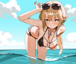 1girl absurdres bent_over bikini black_bikini blonde_hair blue_sky breasts day eyewear_on_head grin highres large_breasts long_hair looking_at_viewer nipples one_breast_out original sky smile solo sunglasses swimsuit wading water yunjuice